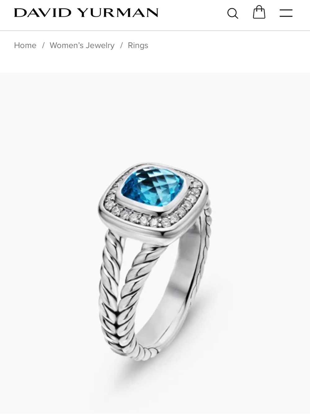 David Yurman Petite Albion Ring, blue topaz, diamonds, silver. 7mm. Size 5.